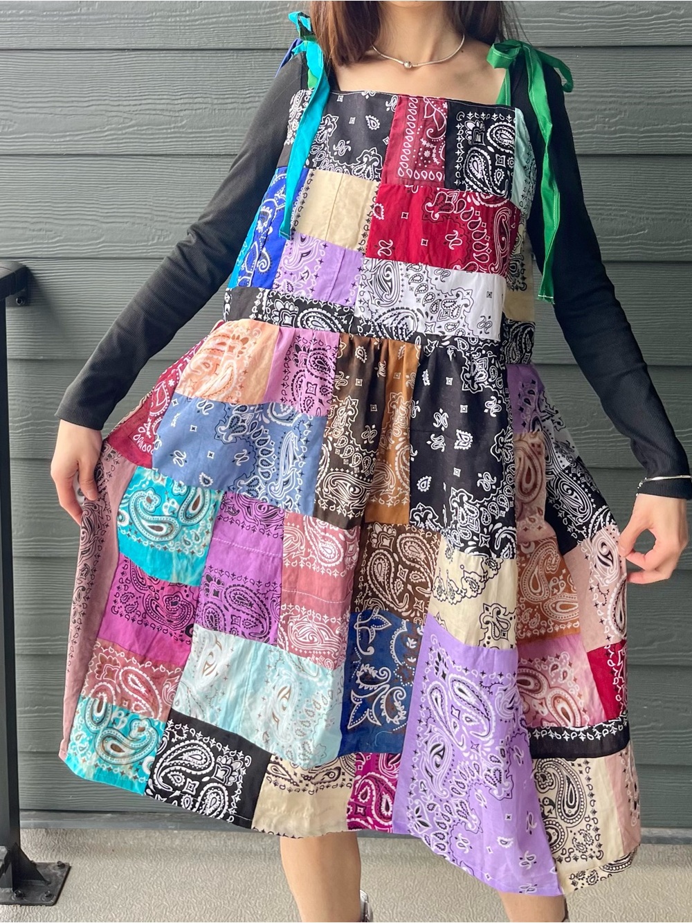 Arcade Dress | Handmade Tie At Shoulder Quilted Dress SKU 05103 Rainbow Bandana